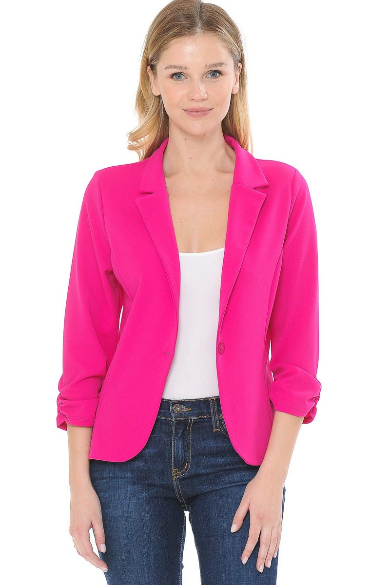 MINEFREE Women's 3/4 Sleeve Lightweight Casual Work Knit Blazer Jacket Solid Fuchsia L - Image 2